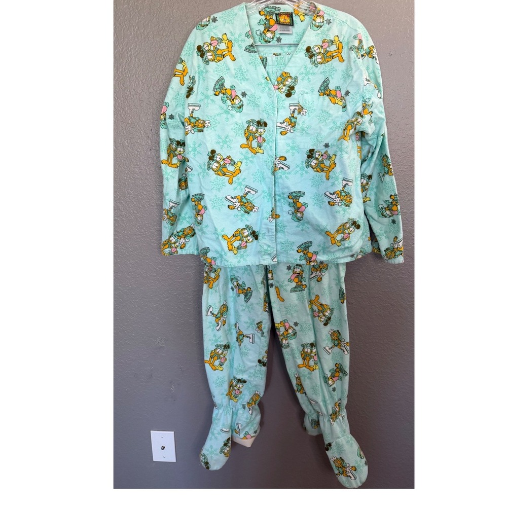 Garfield Pajama Set Footed Sleepwear Women's Med 2‎ Piece Novelty Print Flannel